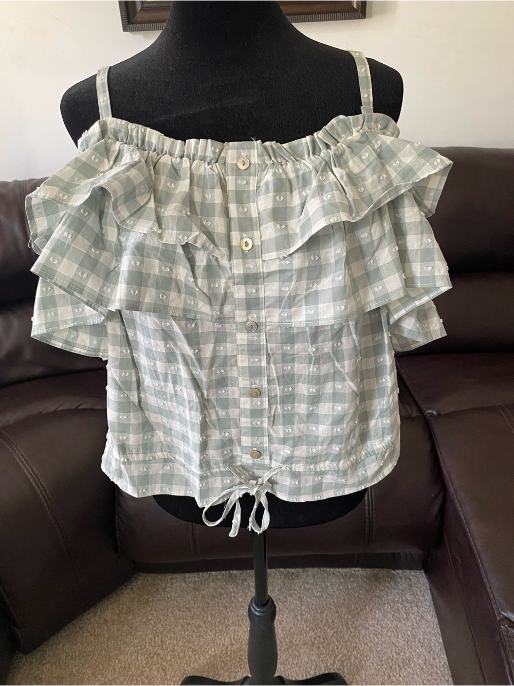 LC Lauren Conrad Peasant Ruffle Off The Shoulder Gingham Top Blouse Women’s XL